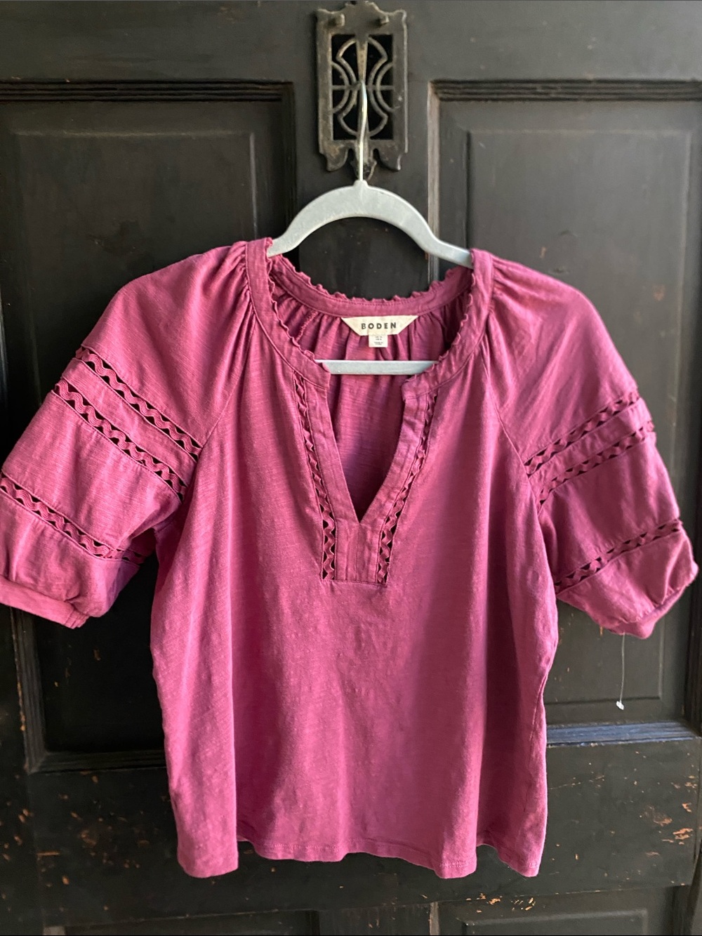 Boden Magenta Split-Neck Cotton Tunic with Braided Trim